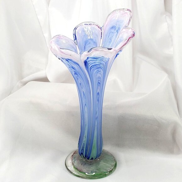 Other - Handblown Art Glass Vase Pink & Blue Swirl Design Pulled Swung Glass 9.5"Tall